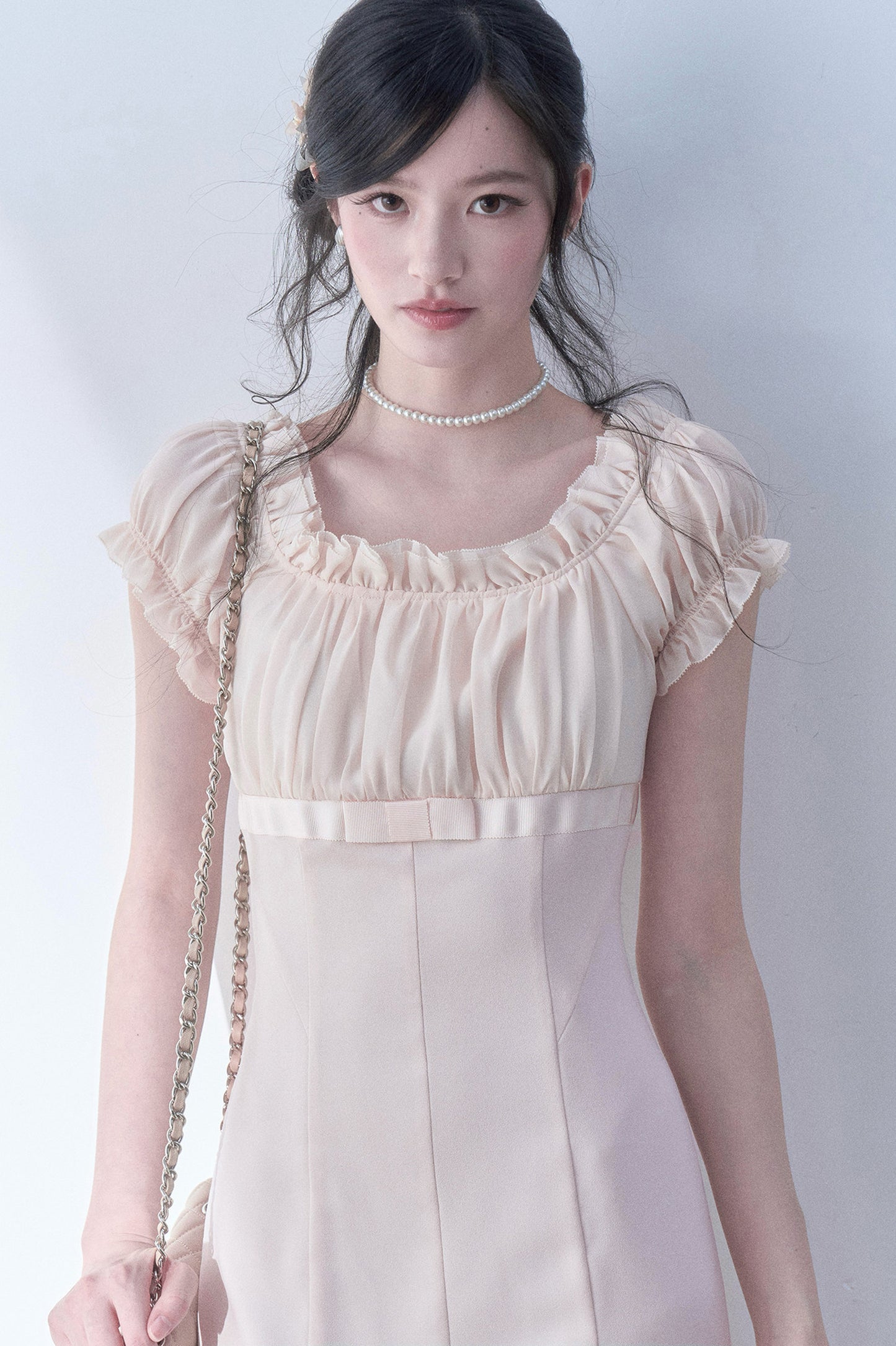 Square Neck High-Waisted Bodycon Chiffon Dress