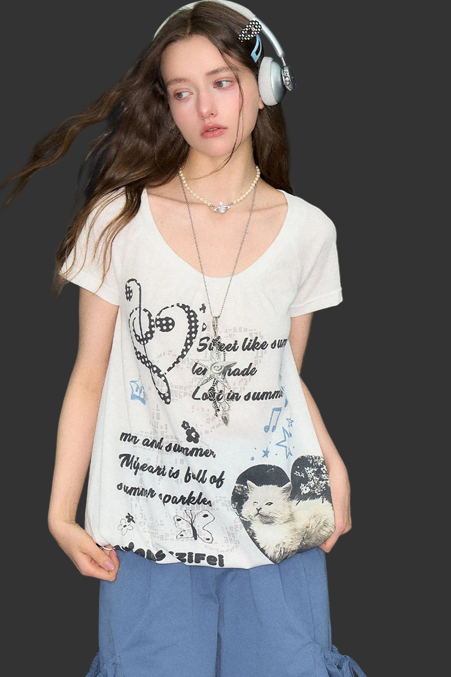 Marineblaues Kurzarmshirt mit Katzenmotiv