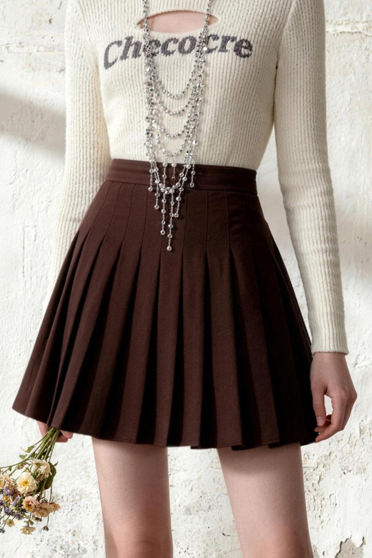 Cutout Knit Top and Pleated Skirt Set