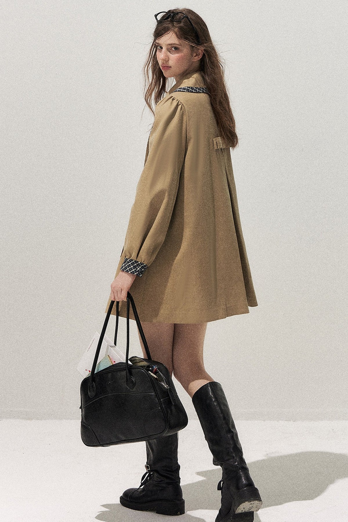 Doll Collar Double-Breasted Plaid Trench Coat