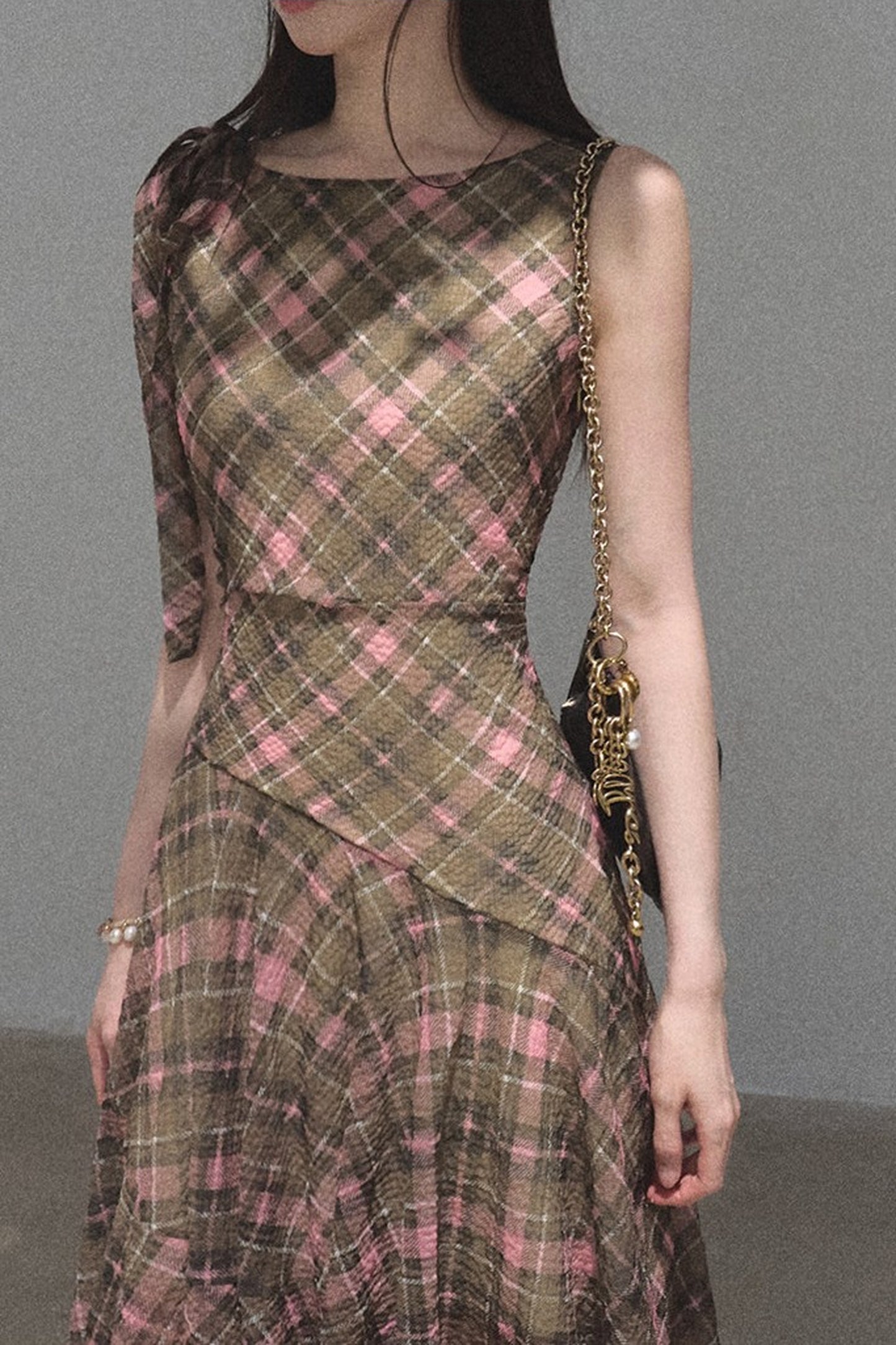 Off-Shoulder Plaid Irregular Tank Dress