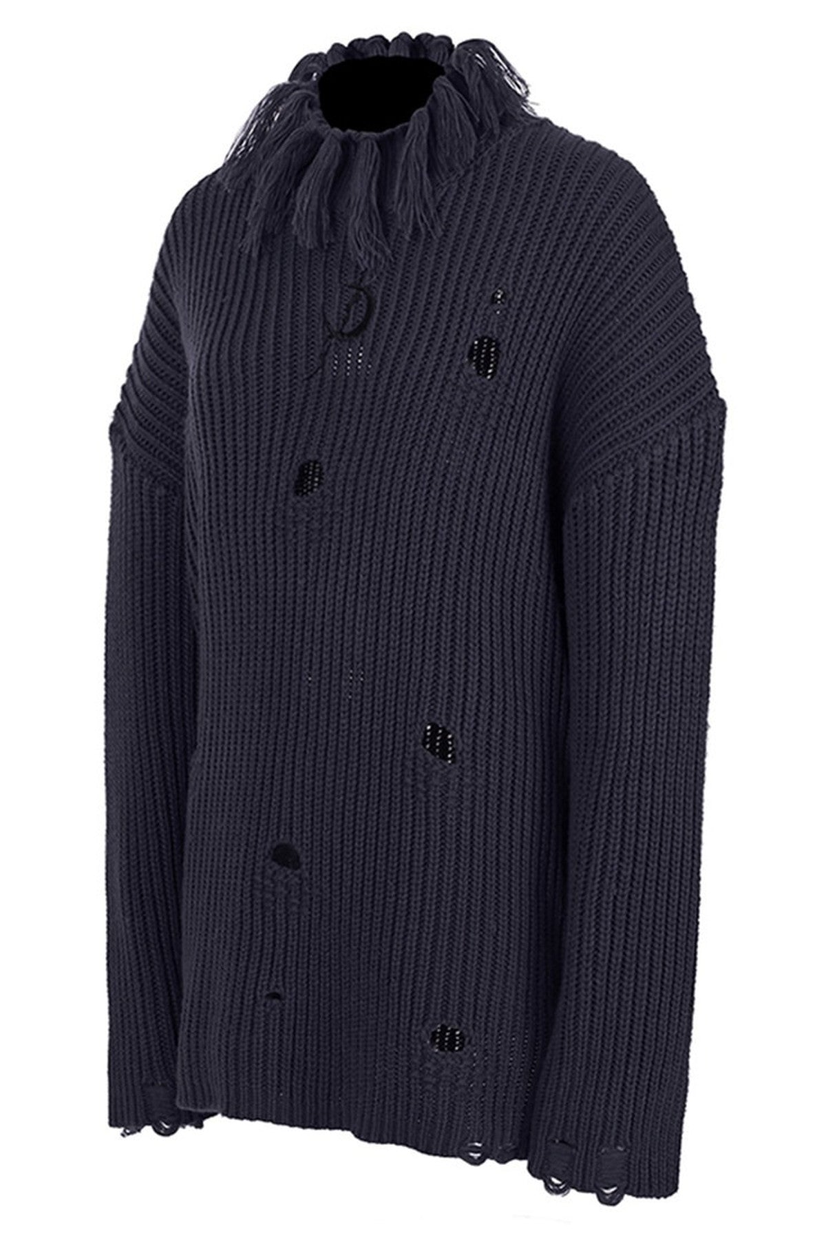 Tassel Turtleneck Ripped Oversized Sweater