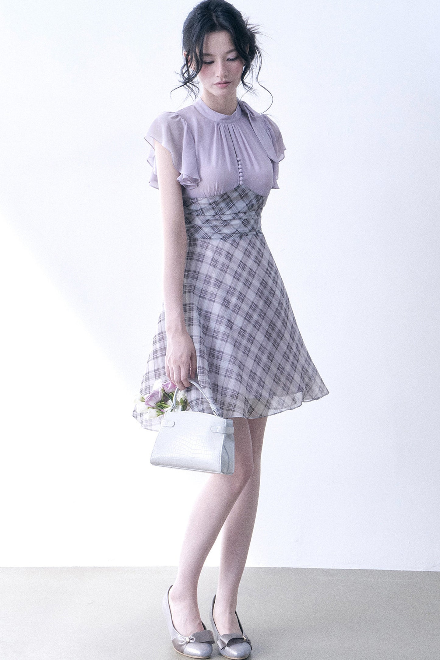Lavender Plaid Flutter Sleeve Dress
