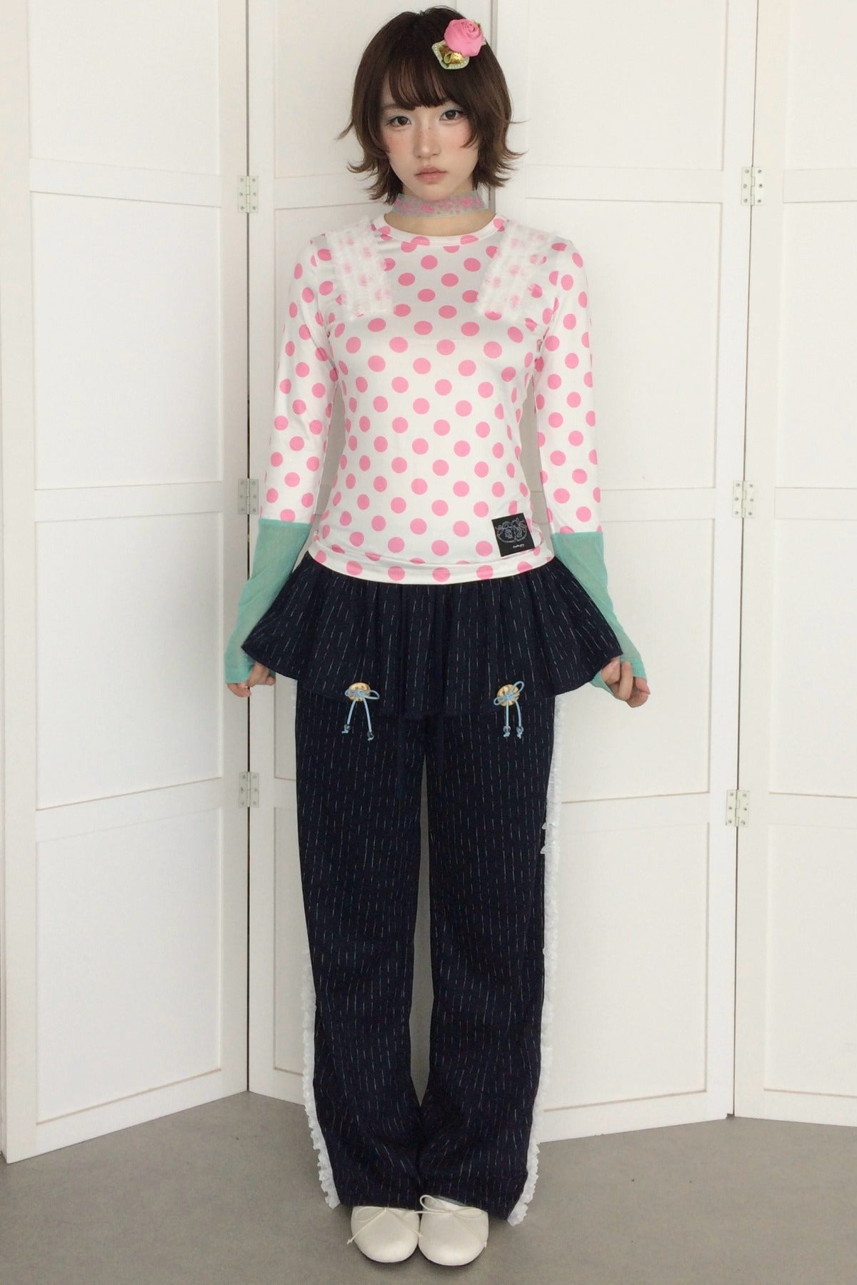 Polka Dot Mesh Long Sleeve Top