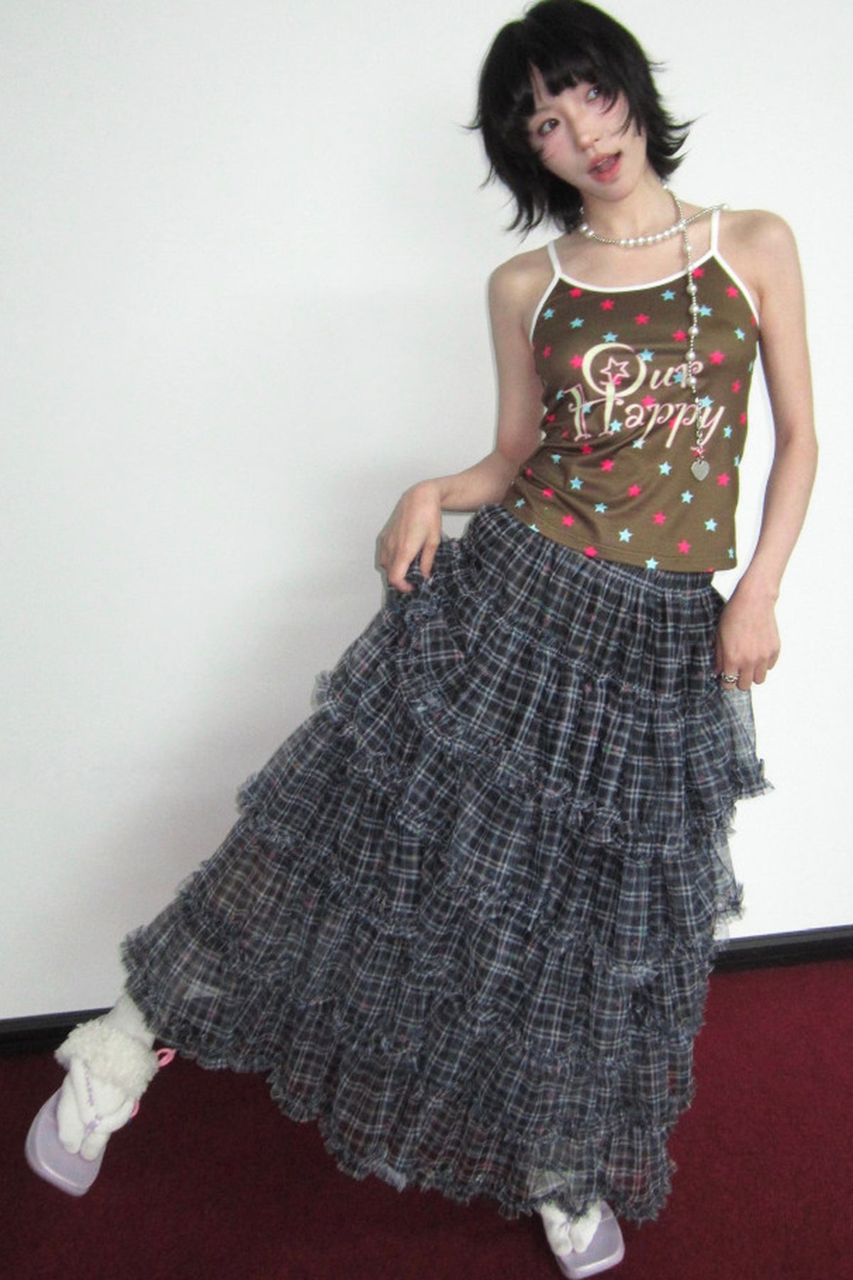 Star Plaid Mesh Cake Skirt