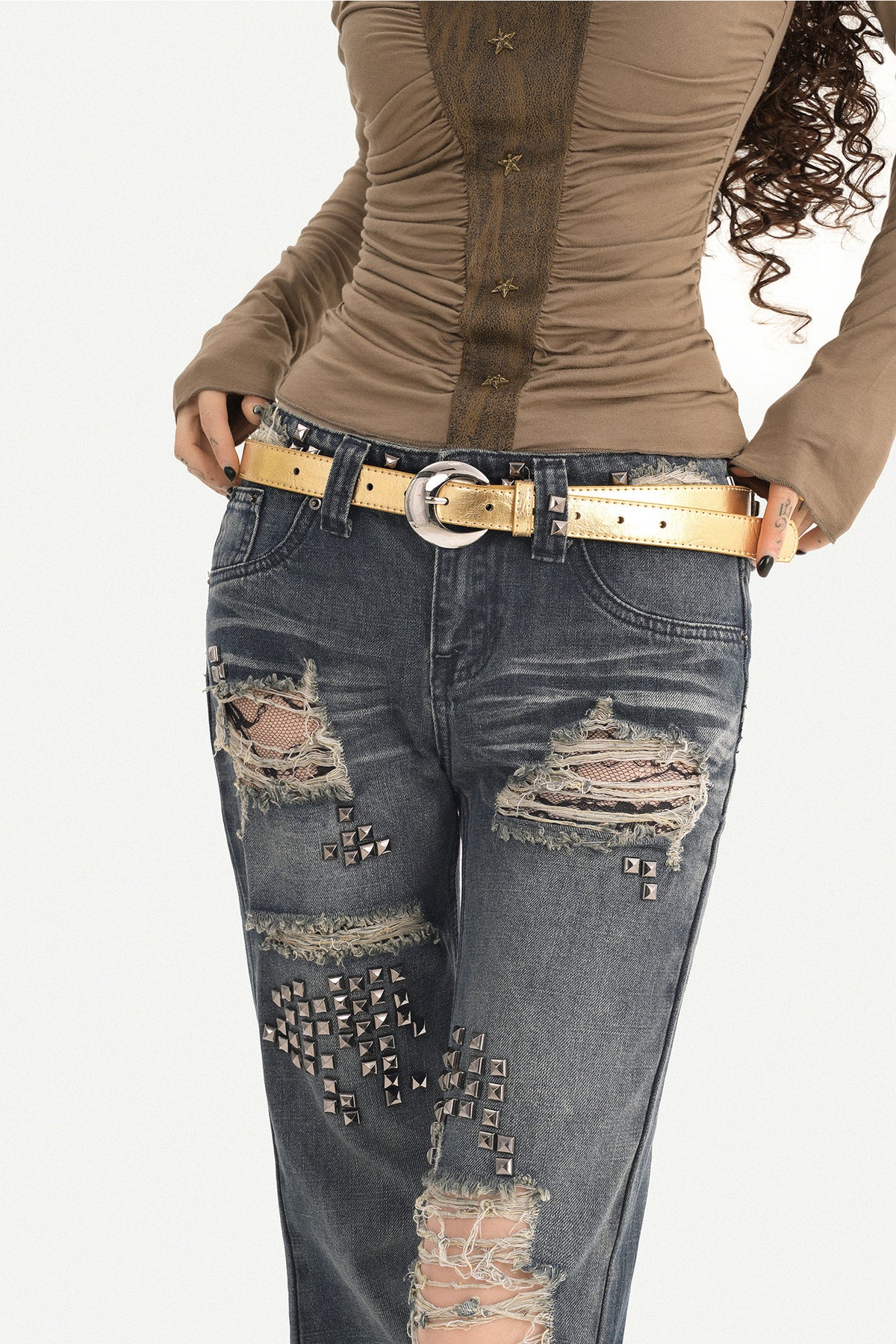 Studded Ripped Straight Jeans