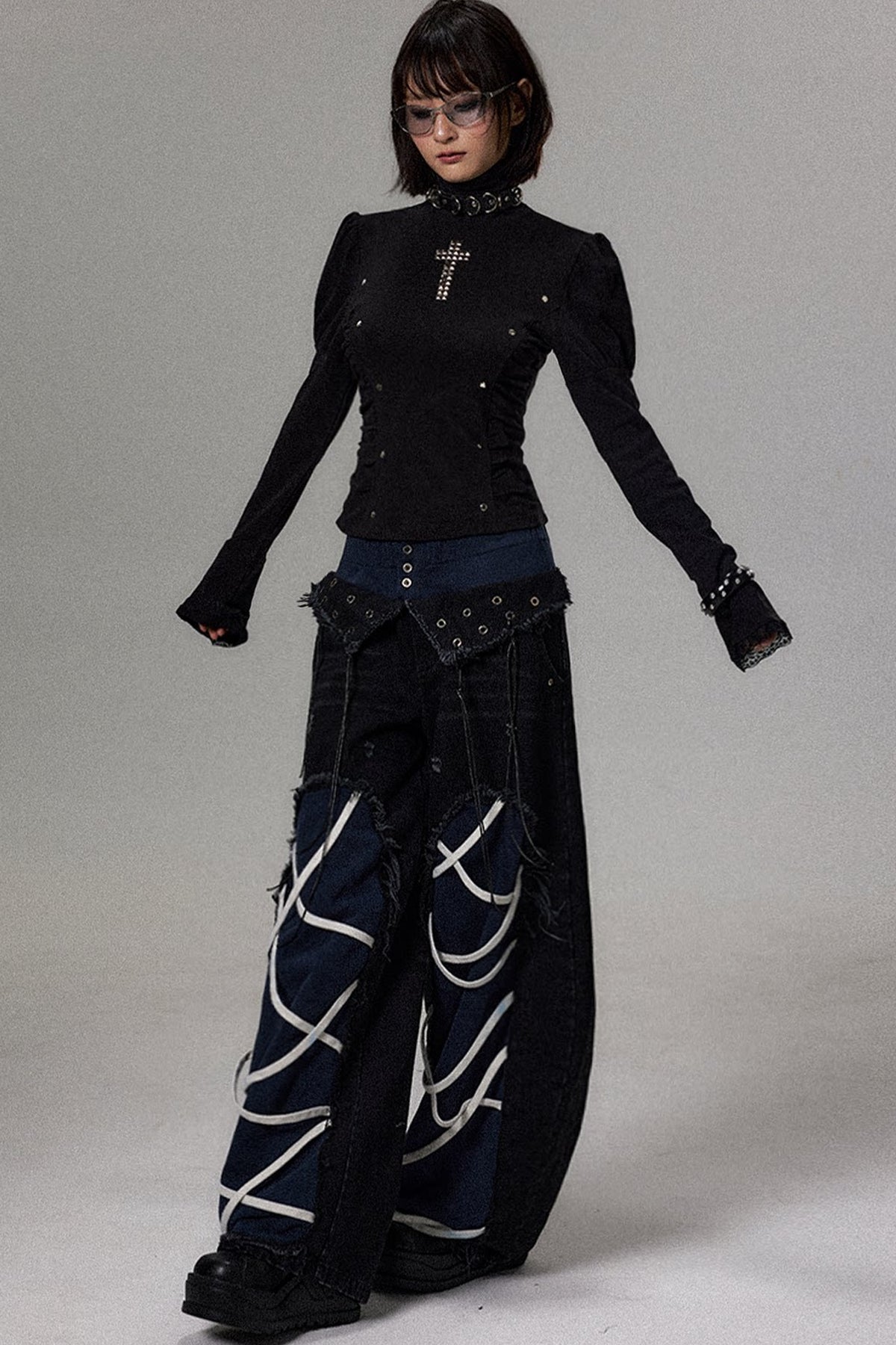 Punk Cross Rivet Knit Long Sleeve Top