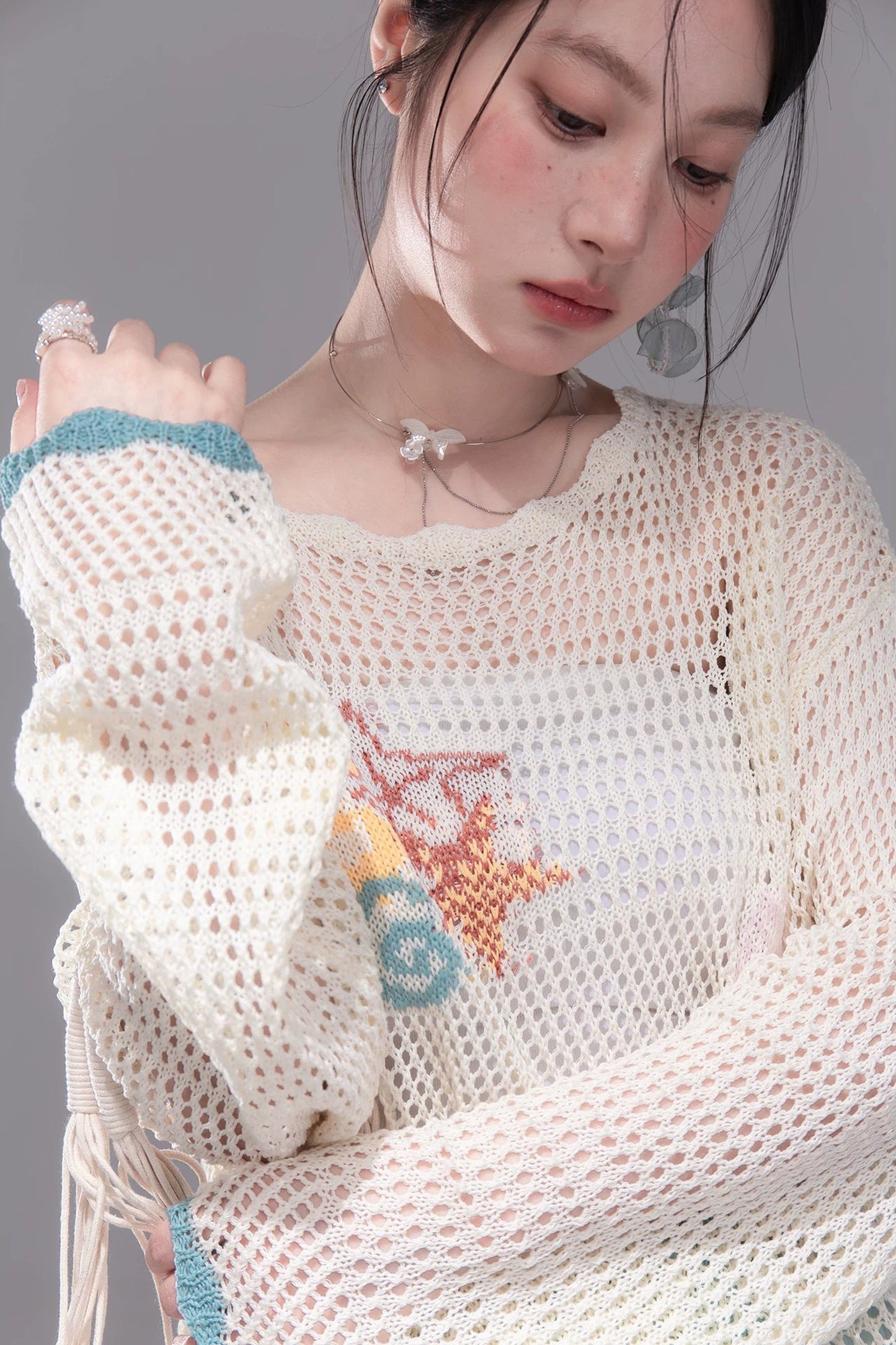 Color Clash Jacquard Knit Blouse