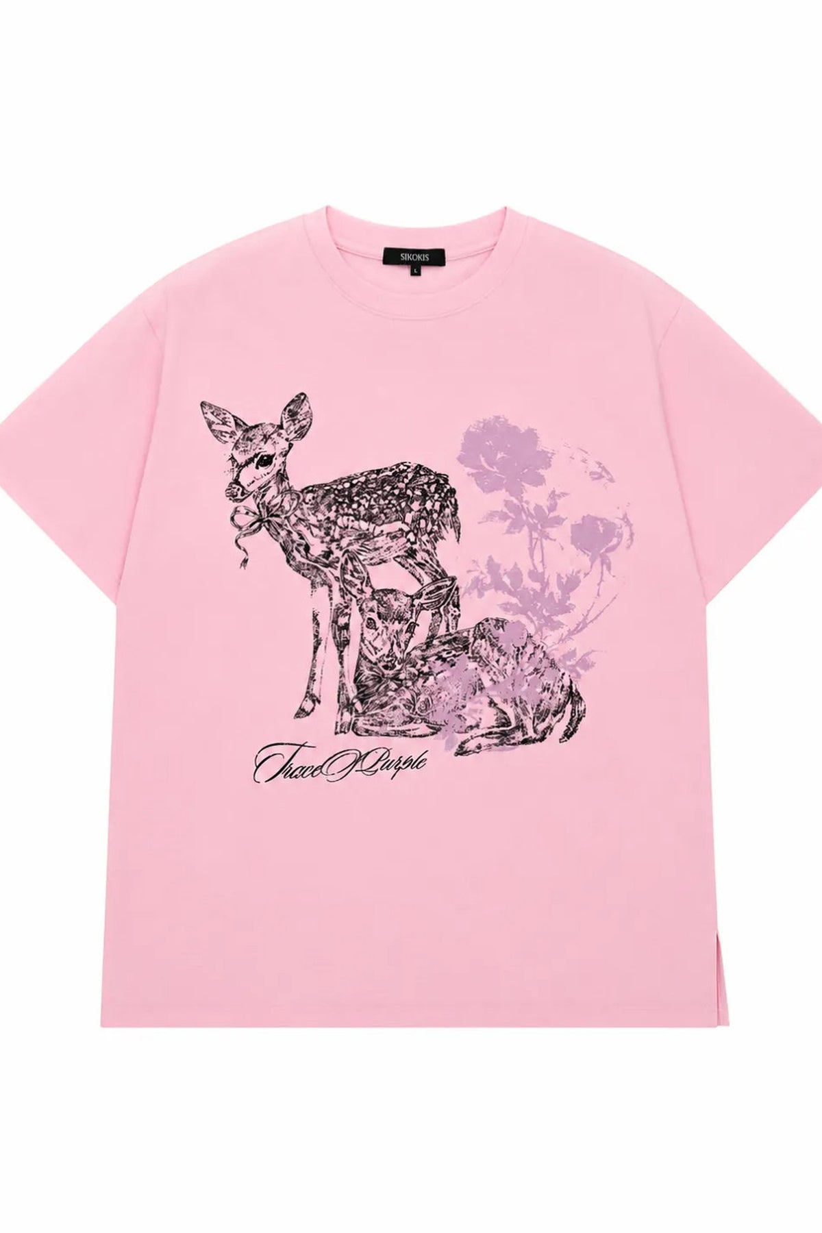 Lockeres T-Shirt mit lila Hirsch- und Blumenmuster