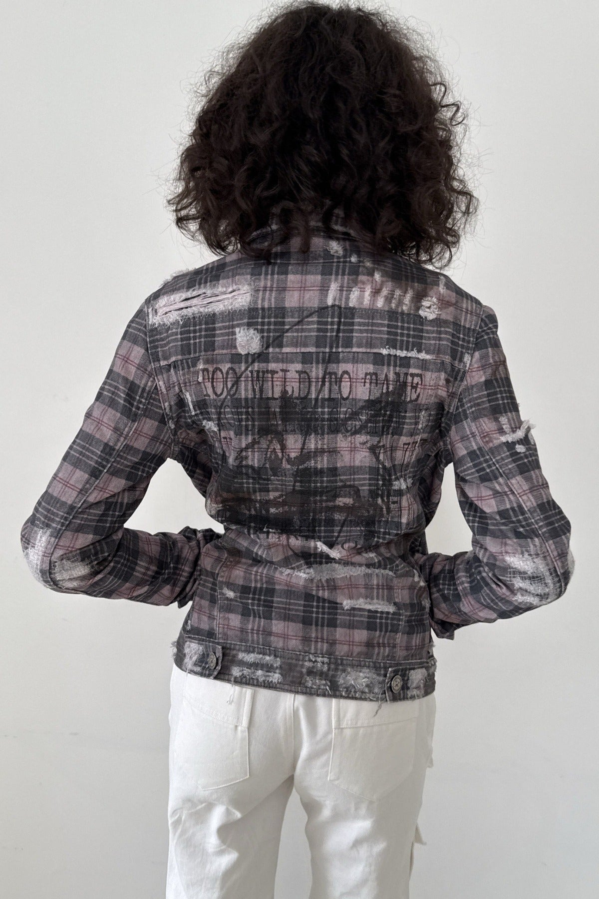 Plaid Graffiti Print Distressed Jacket