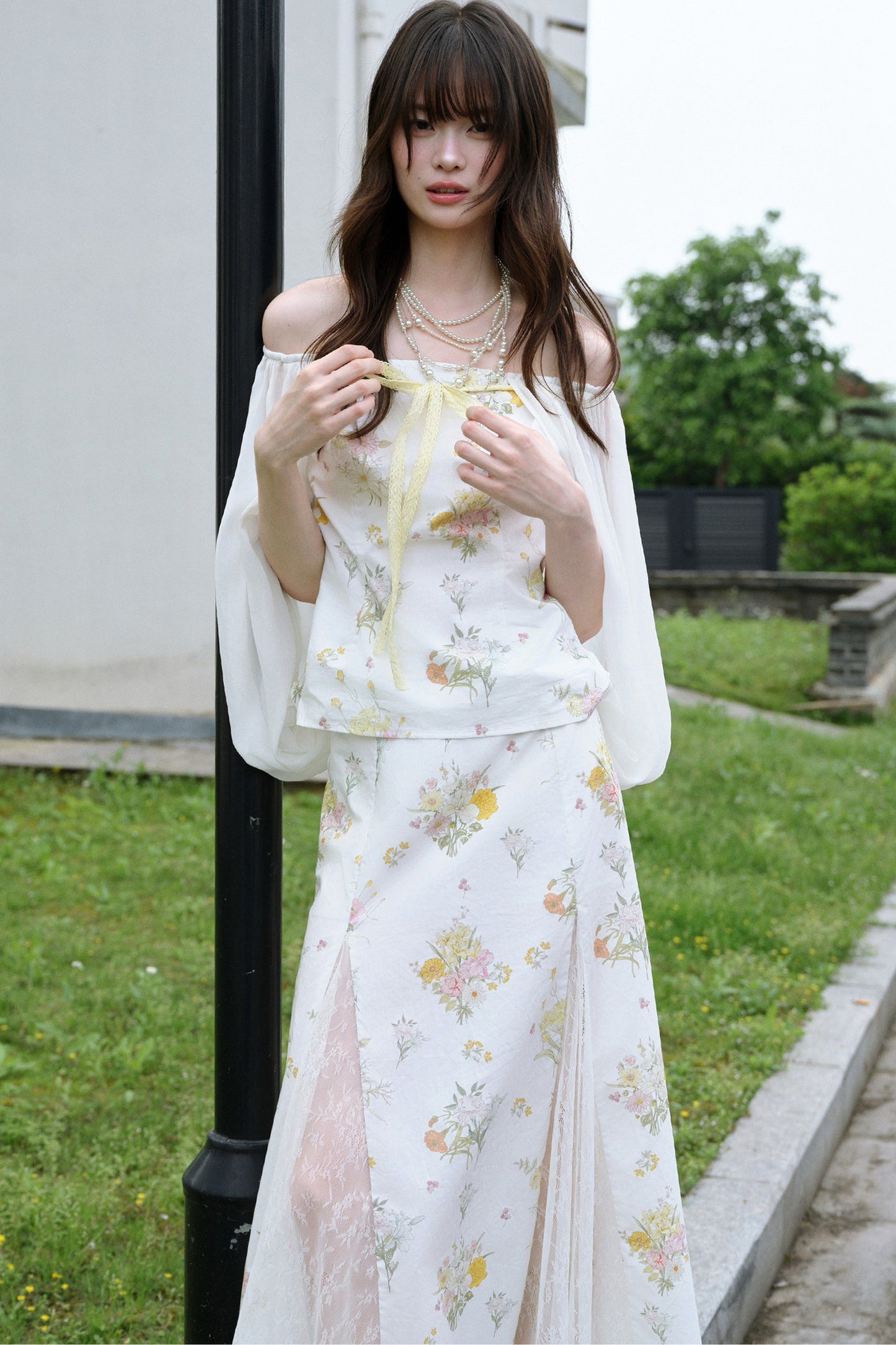 One-Shoulder Floral Gauze Top and Skirt Set-Up