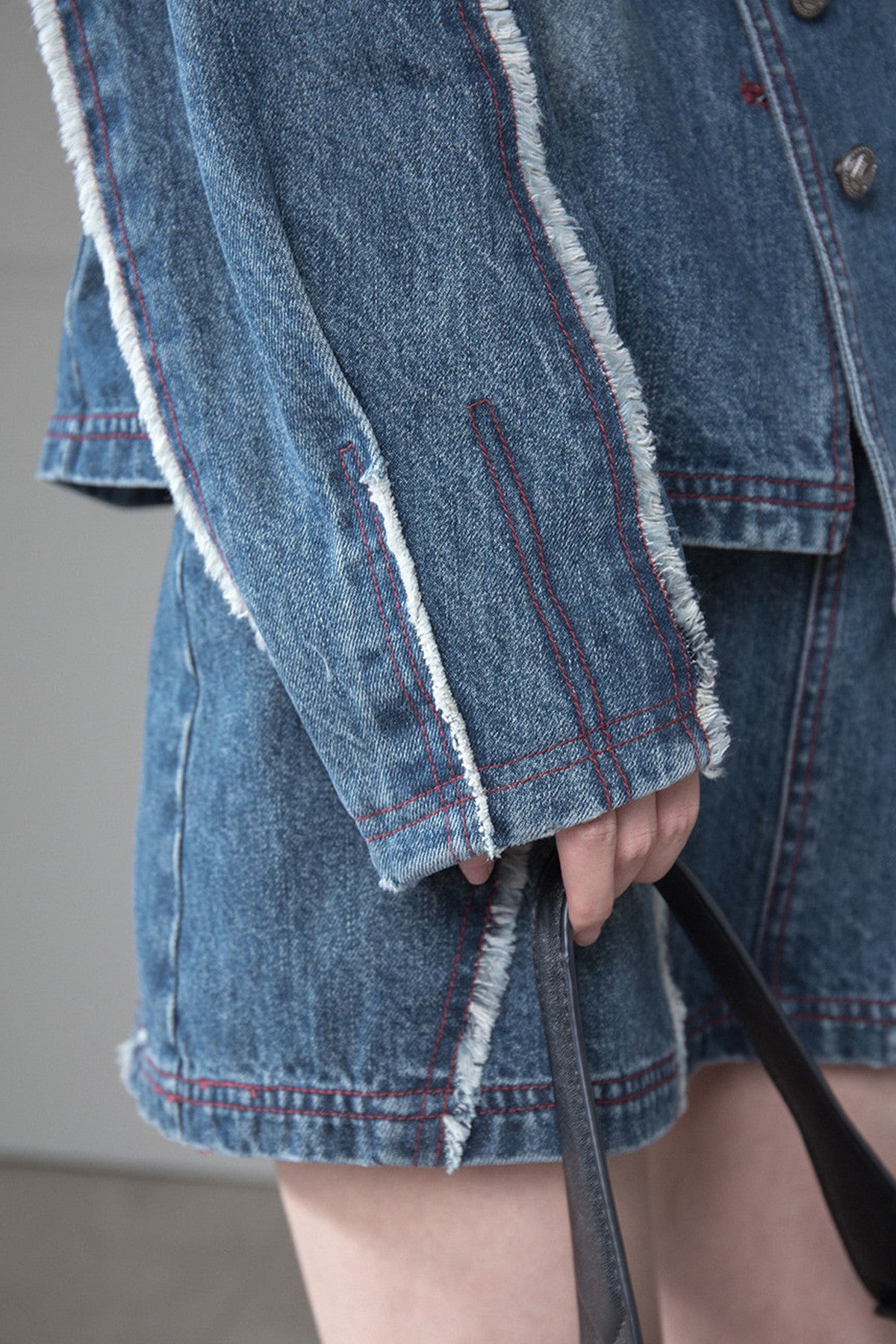 Frayed Denim Jacket and Skirt Set