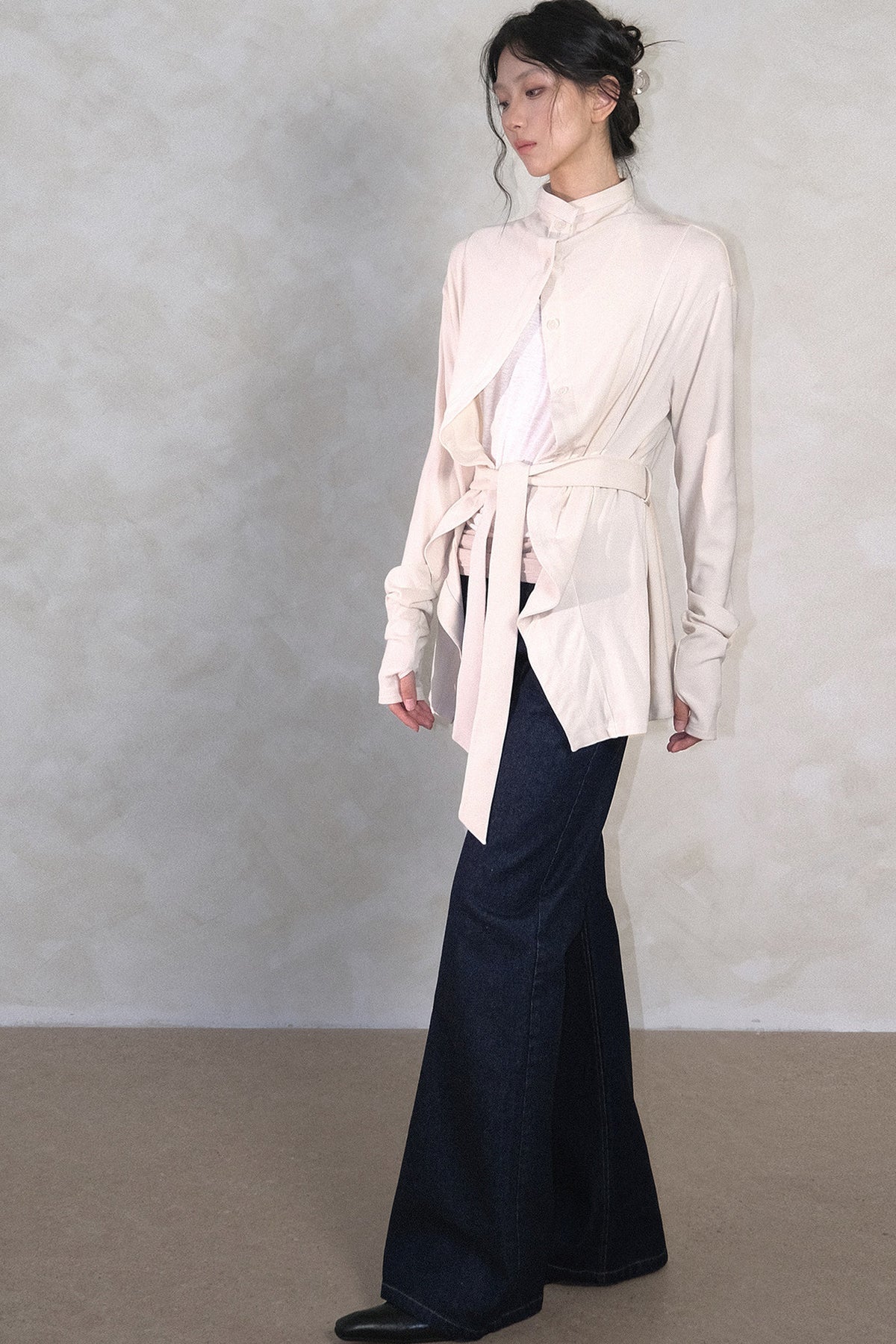Wave-Front Lace-Up Knit Cardigan
