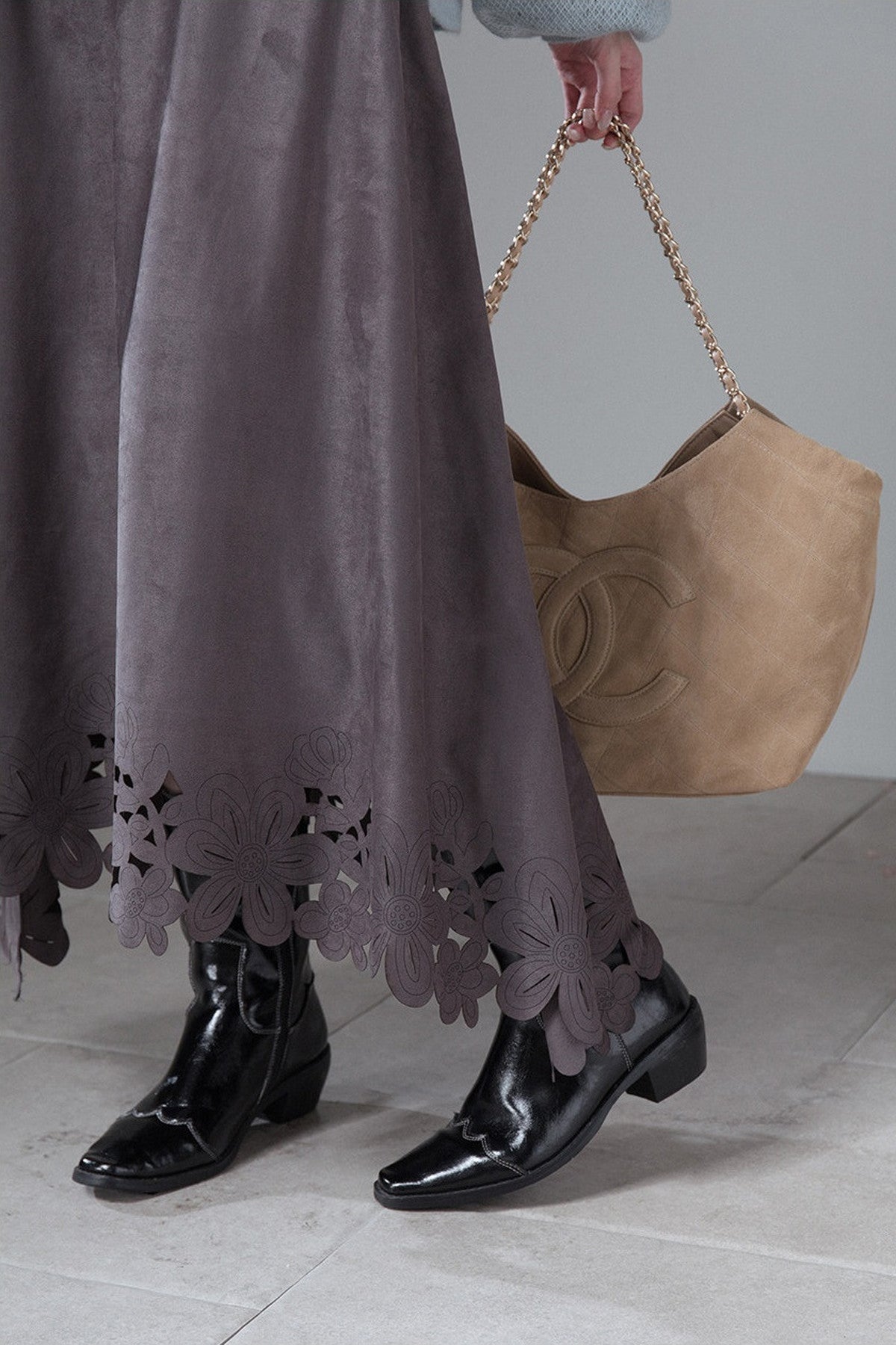 Smoky Gray Laser-Engraved Suede Skirt