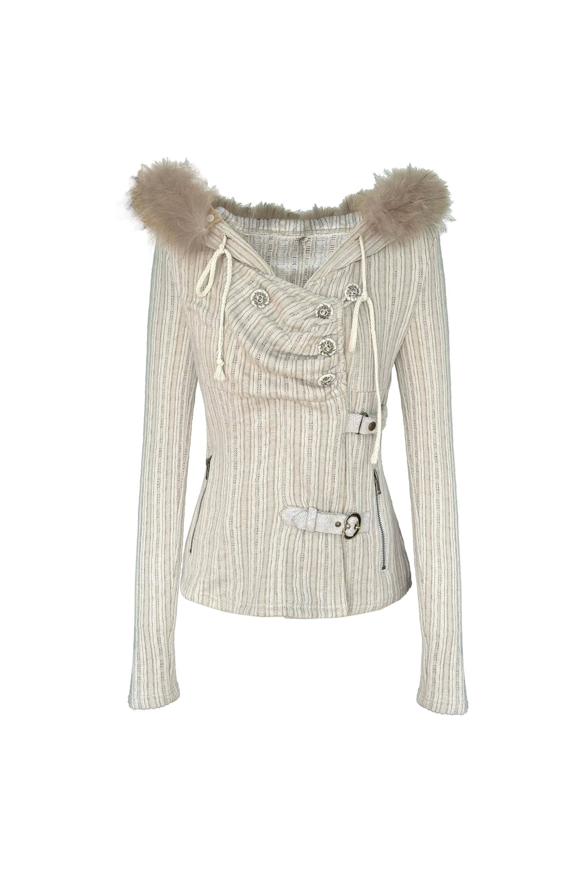 Fur Collar Hooded Slim Knit Top