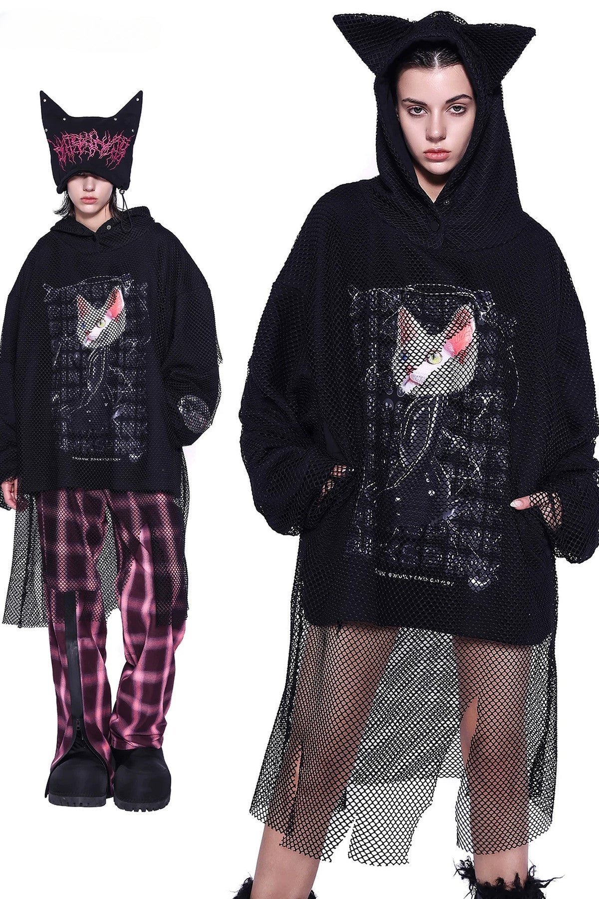 Cat Ear Layered Mesh Hooded Sweatshirt