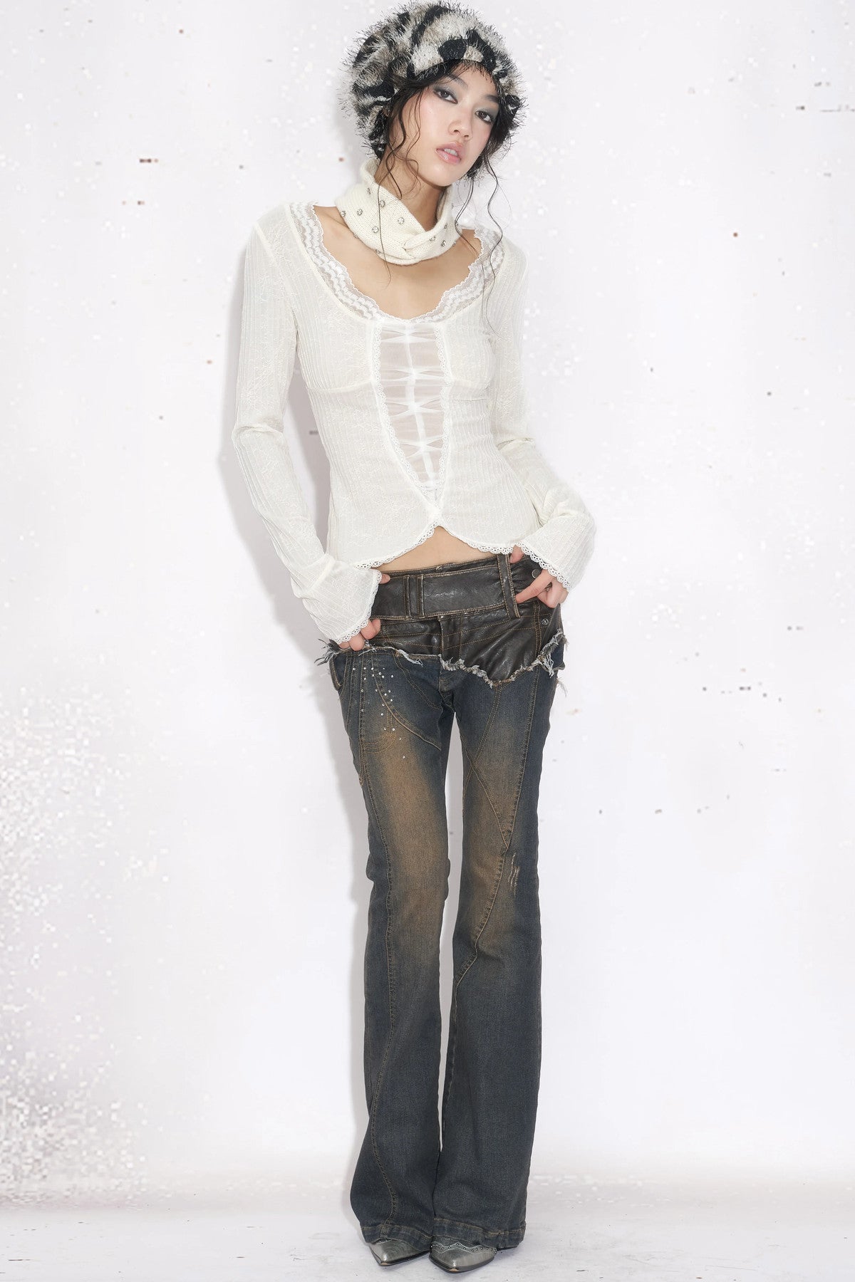 Leather Patchwork Rhinestone Flared Jeans