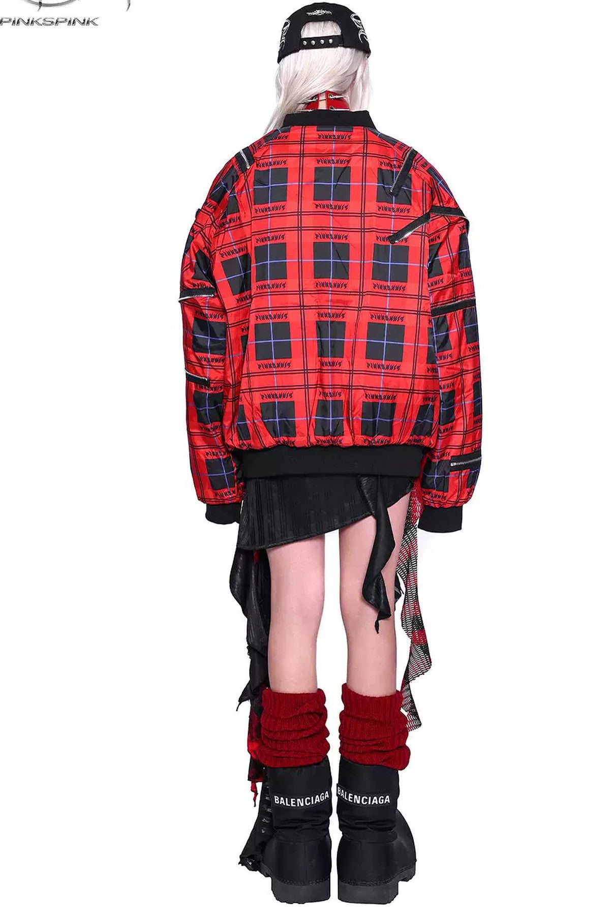 Flame Red Quilted Zipper Structure Patchwork Jacket