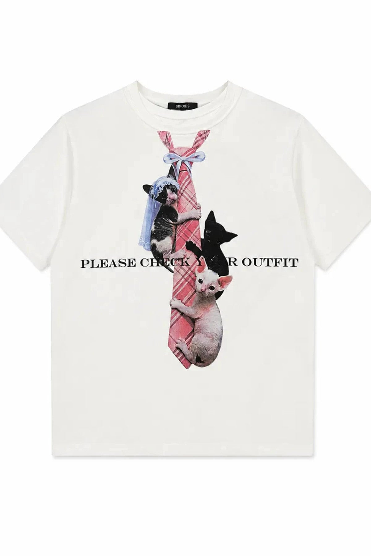 Plaid Tie Cat Print T-Shirt