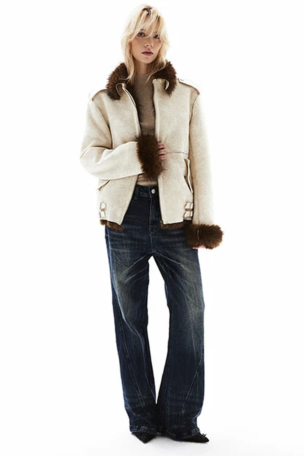 Light Beige Suede Fox Fur Jacket