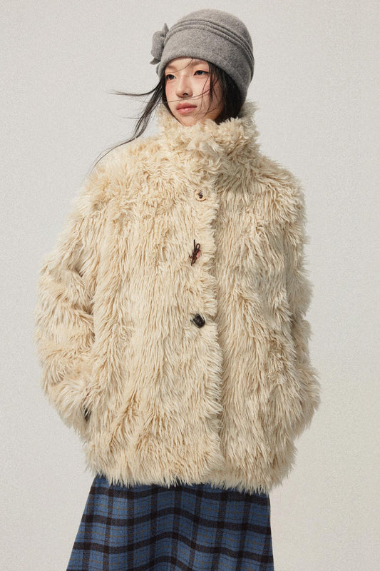 Khaki Wool Fur Collar Slim Coat