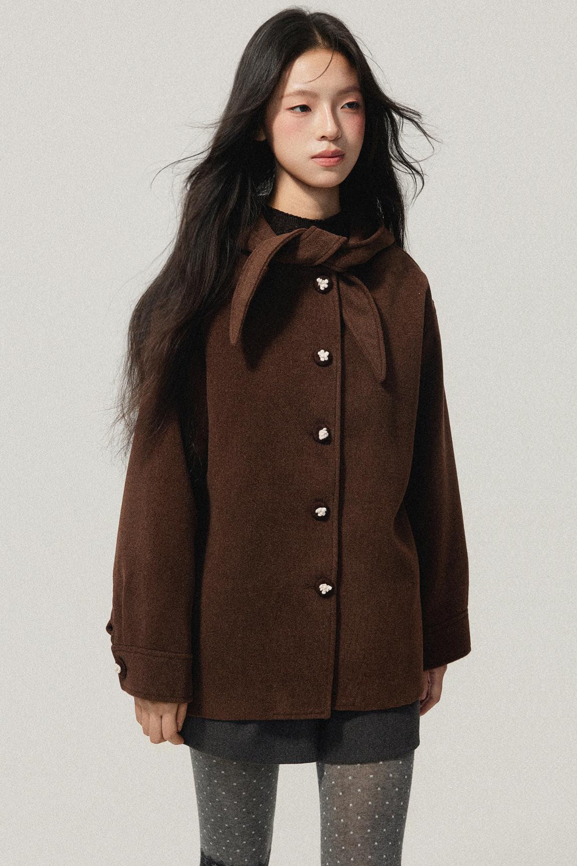 Brown Hooded Bow Tweed Jacket