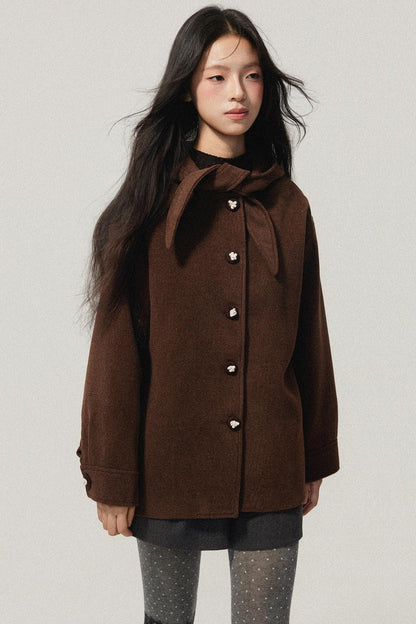 Brown Hooded Bow Tweed Jacket