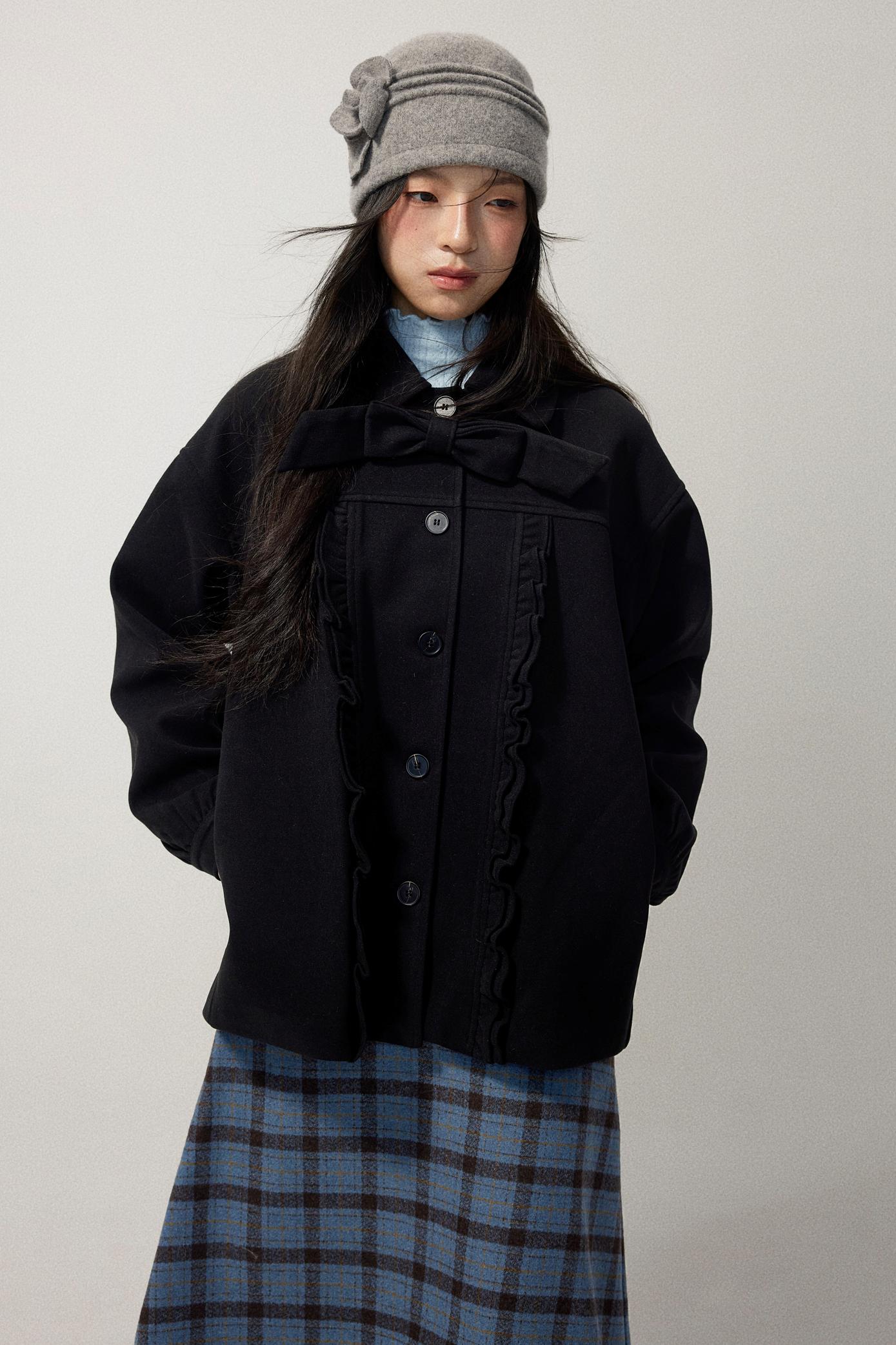 Black Wool Bow Midi Coat