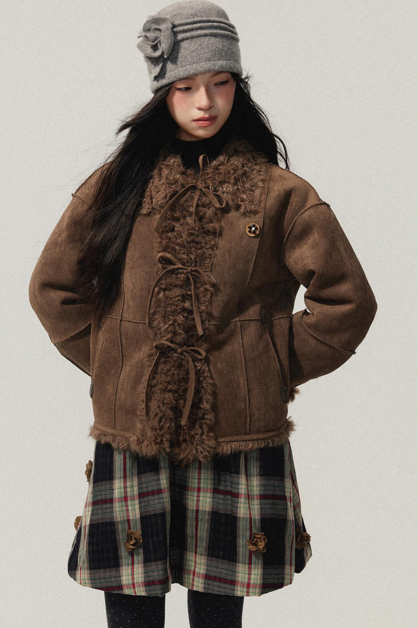 Brown Bow Detail Flower Brooch Coat