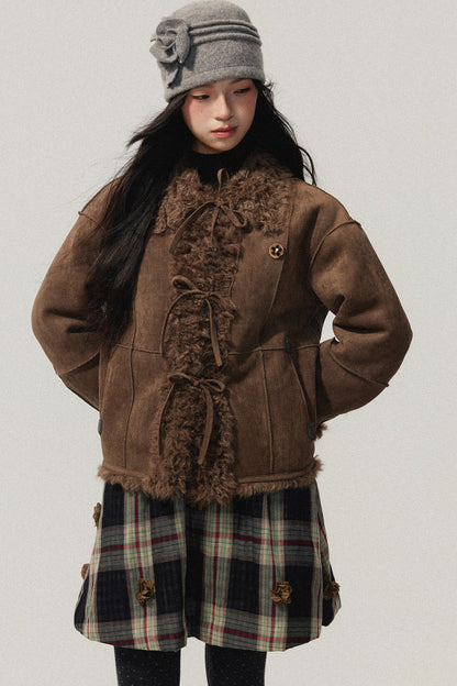 Brown Bow Detail Flower Brooch Coat