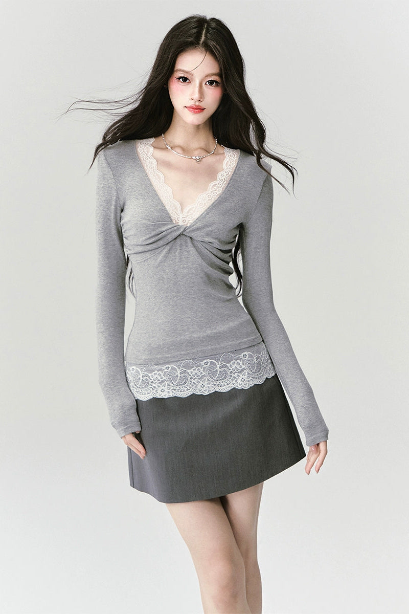 Lace Paneled V-Neck Waist Top