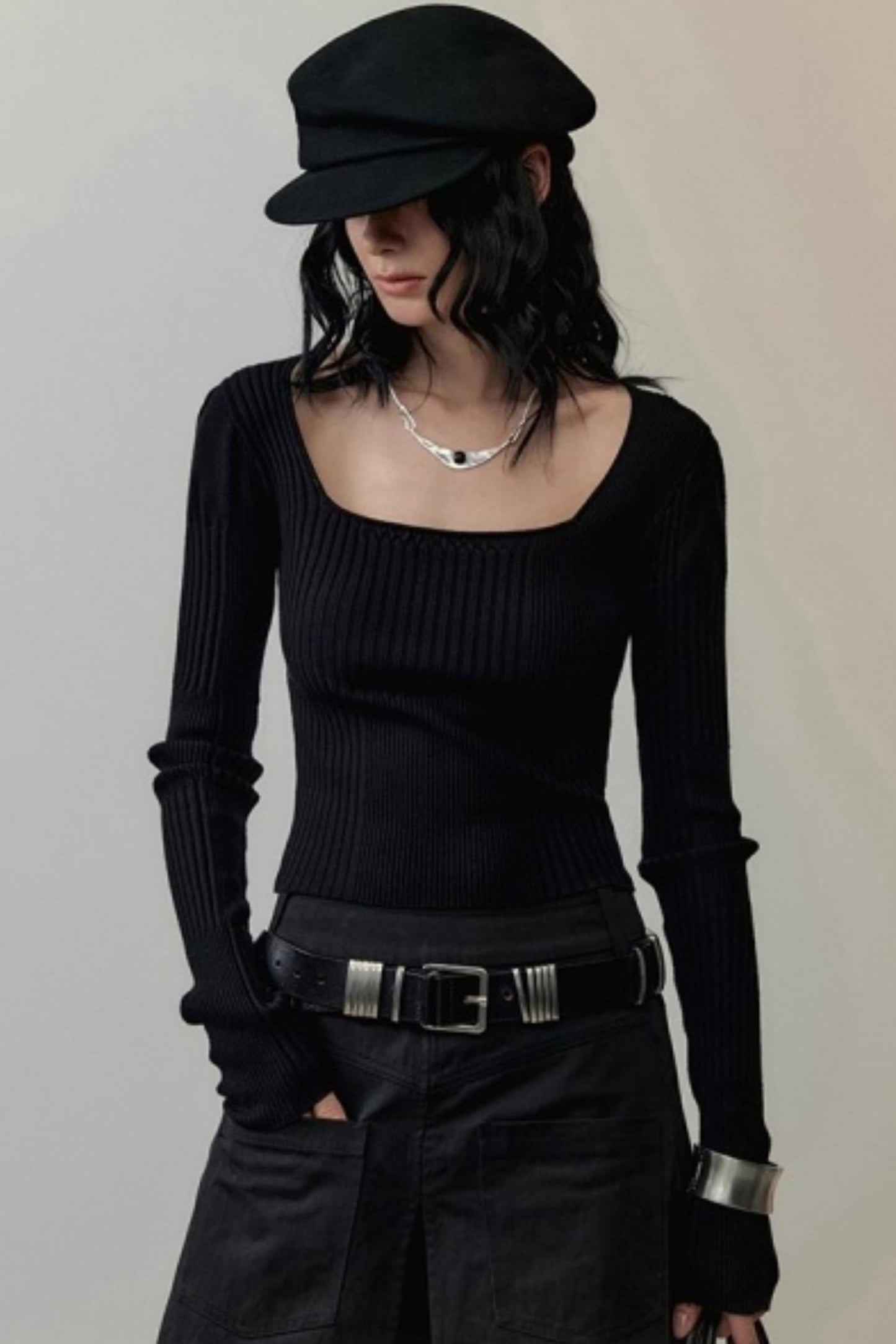 Patchwork Square Collar Knitted Top