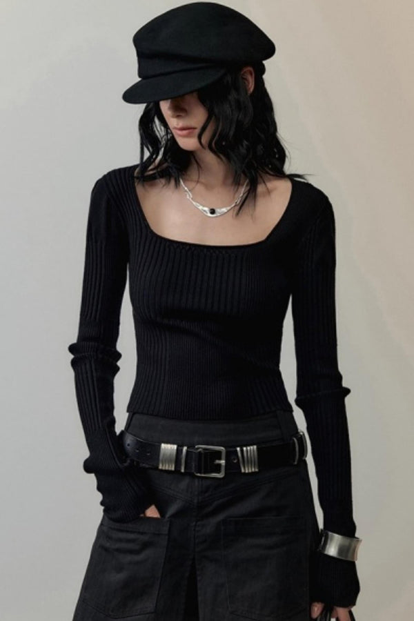 Patchwork Square Collar Knitted Top