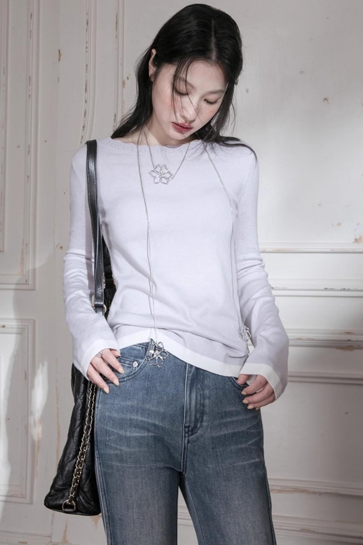 Cream Purple Wool One-Line Collar Top