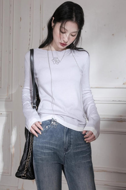Cream Purple Wool One-Line Collar Top