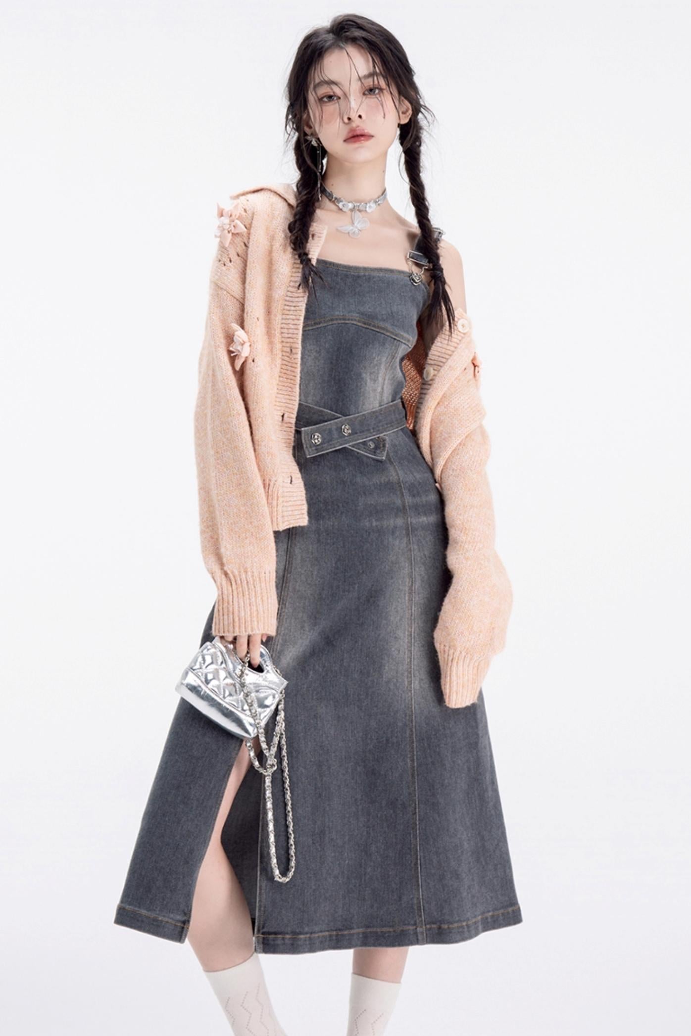 Distressed Wash Denim Strap Dress