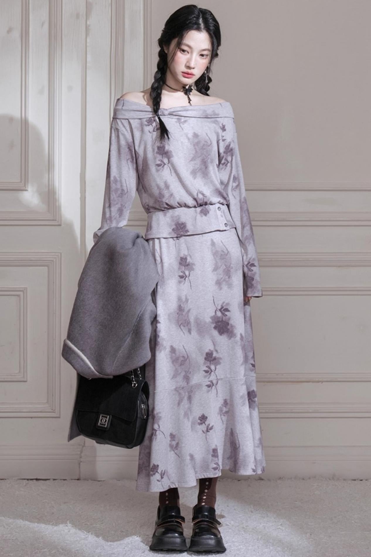 Gray Purple Bow Neck Knit Skirt Set