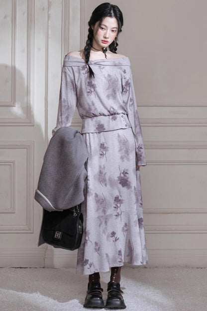Gray Purple Bow Neck Knit Skirt Set