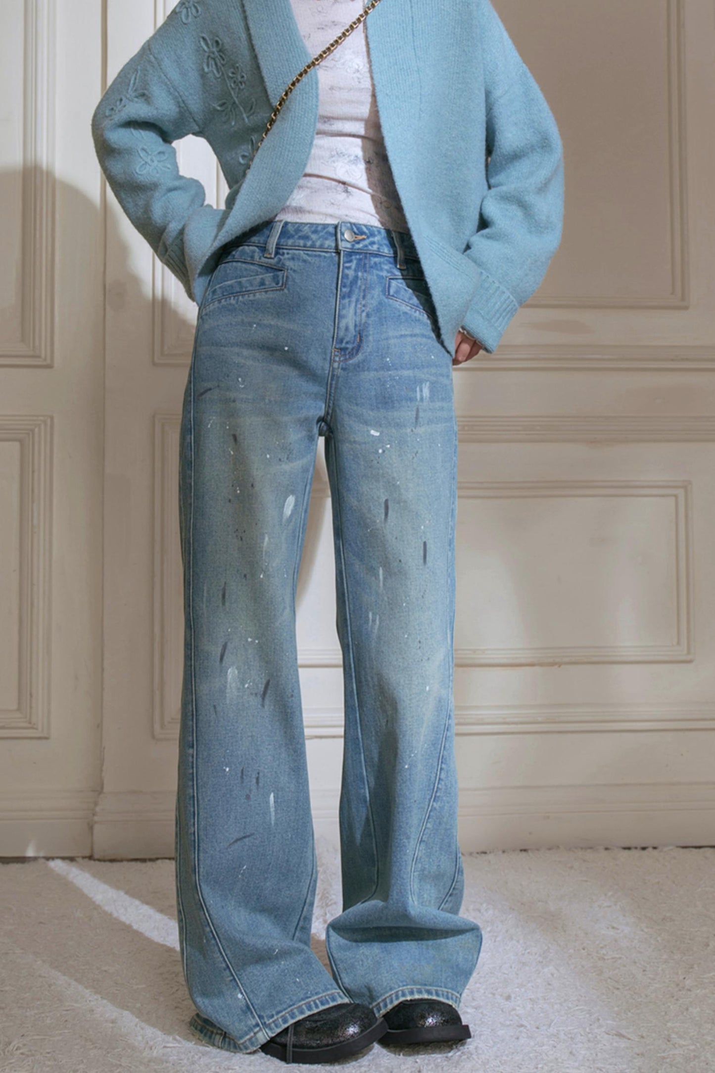 Sky Geometric Straight Jeans