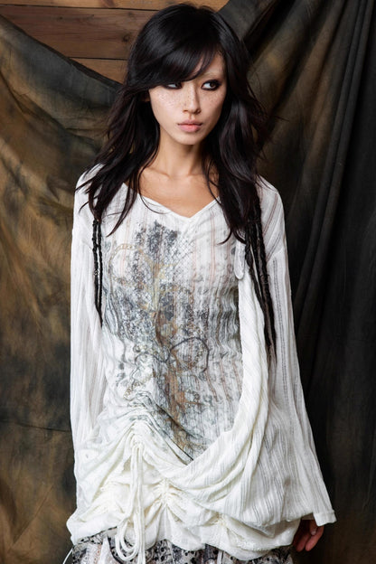 Vintage V-Neck Lace-Up Knitted Print Long Sleeve T-Shirt