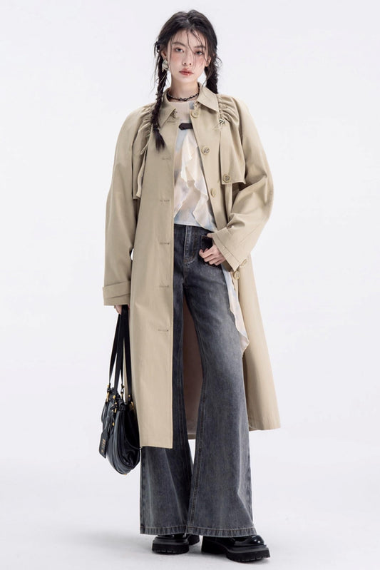 Almond Khaki Drawstring Trench Coat