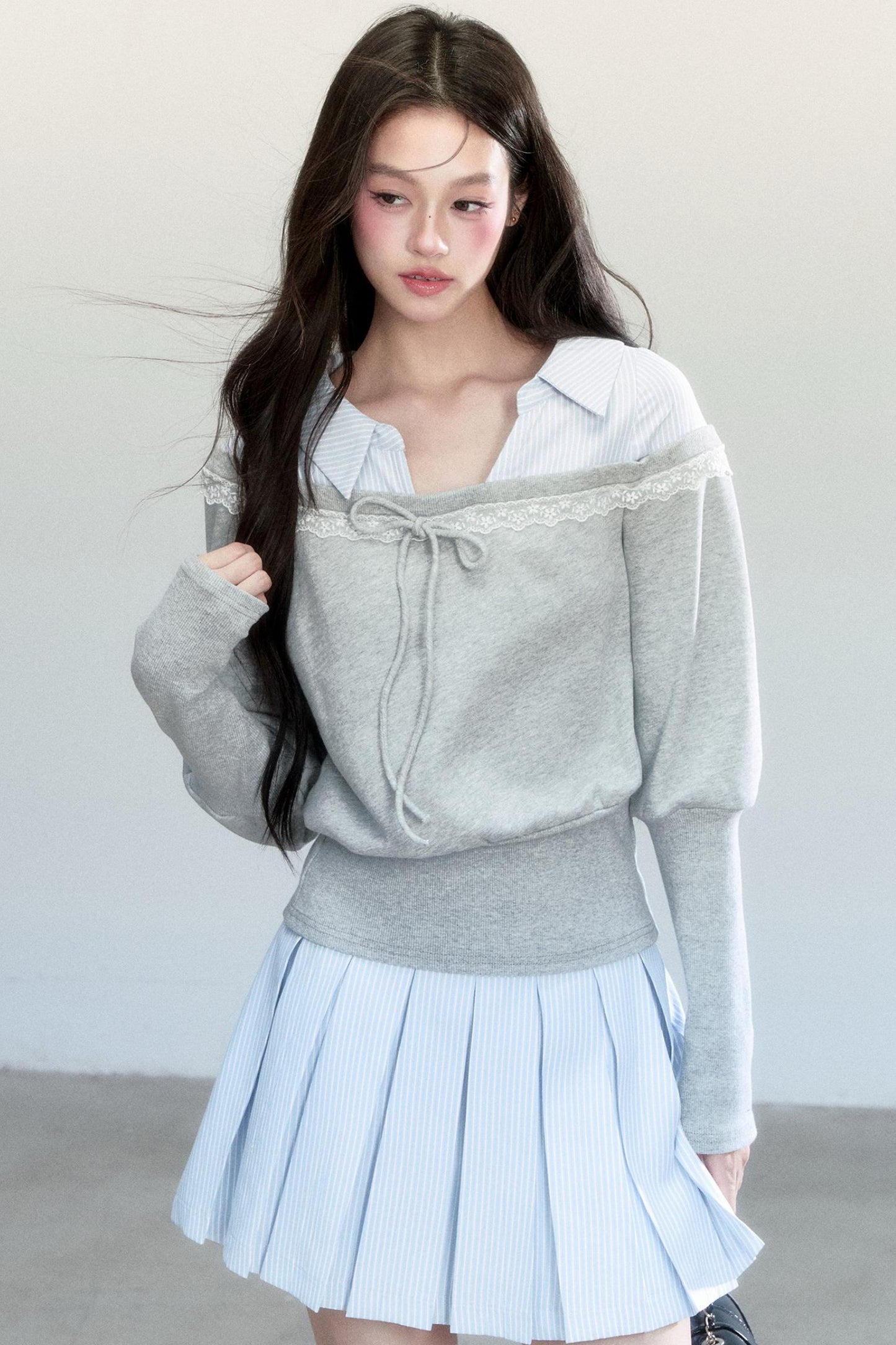 Patchwork Striped Pleated Skirt Set-Up