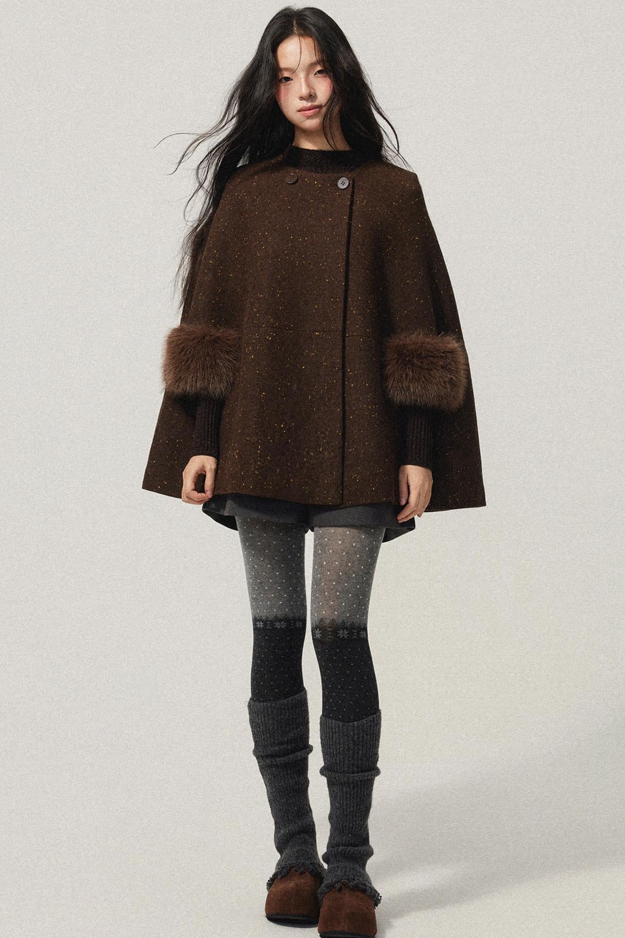 Coffee Wool Cotton Blend Cloak