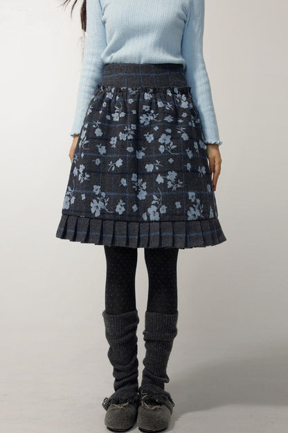 Grey Plaid Flocked Flower Pleated Skirt
