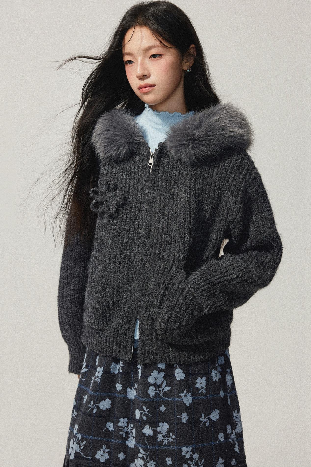 Grey Hooded Floral Zip Up Sweater