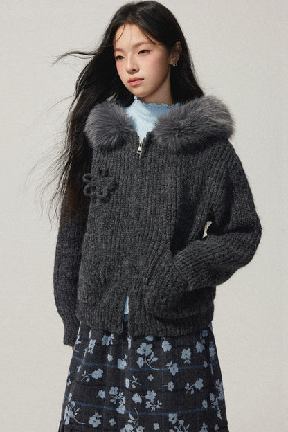 Grey Hooded Floral Zip Up Sweater