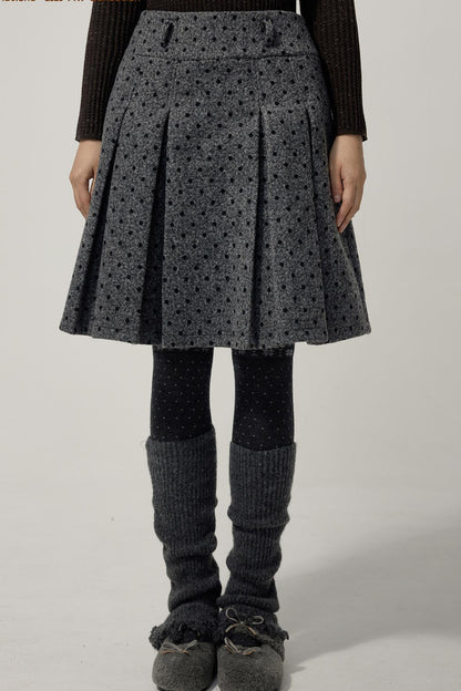 Gray Polka Dot Wool Pleated Skirt
