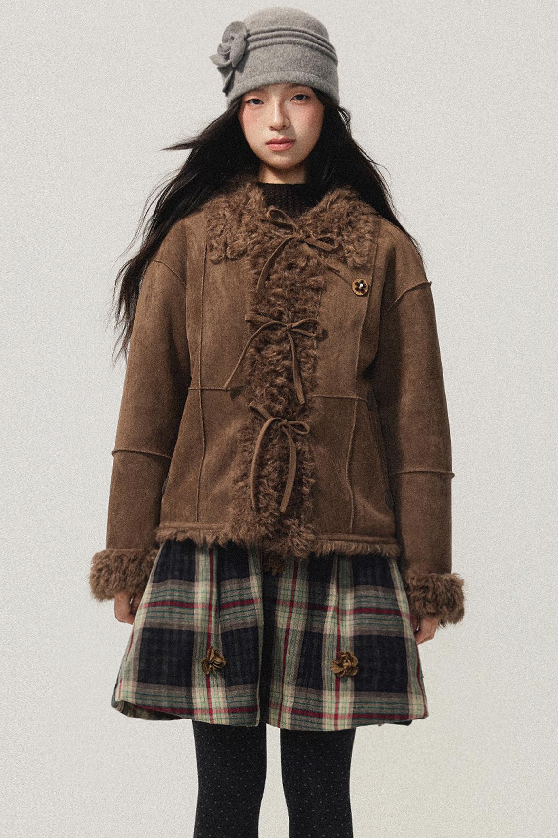 Brown Bow Detail Flower Brooch Coat