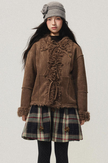 Brown Bow Detail Flower Brooch Coat