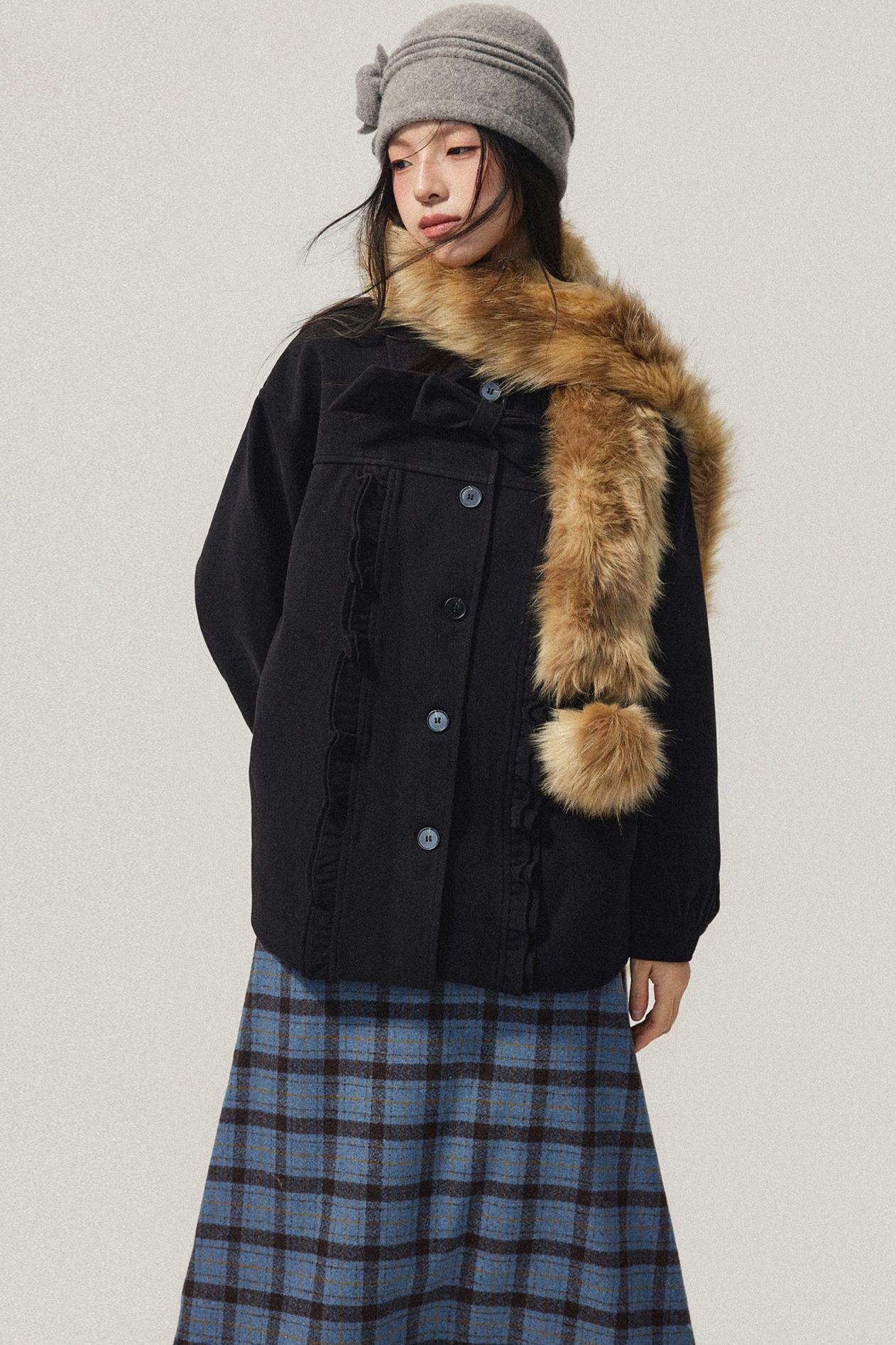 Black Wool Bow Midi Coat